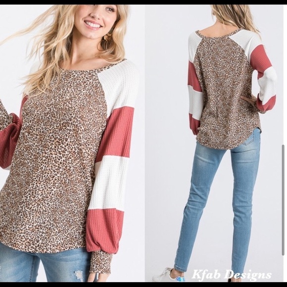 New! Clearance 🔥Waffle Animal Print Cuff Raglan Sleeve Top - Picture 5 of 8